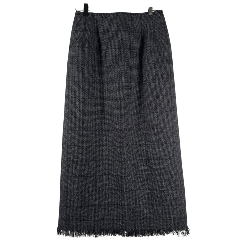 Harve Benard Sport Women Black 100% Wool Fringe Lined Long Pencil Skirt Plaid 8